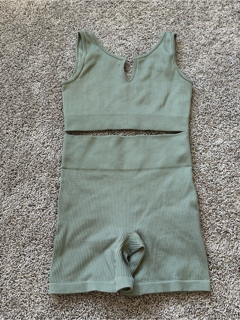 Ribbed High-Waist Athletic Shorts and Crop Tank in Sage Green